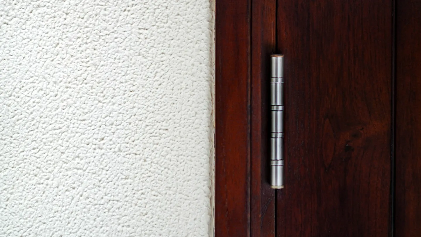 Bisagra de acero inoxidable en una puerta de madera